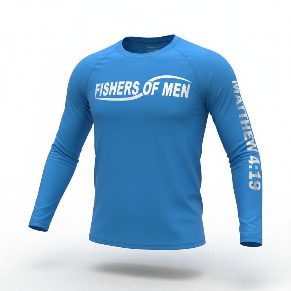 BAW Performance Shirt Mens LG Blue Excellent Fishers of Men Matthew 4:19 LS